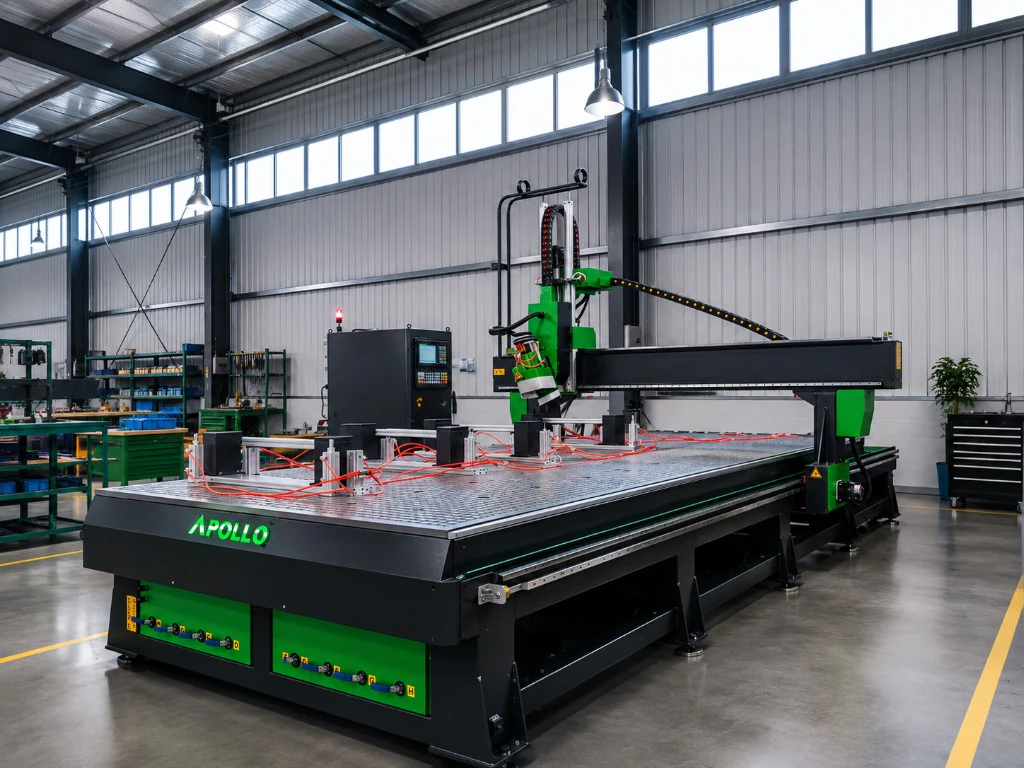 Apollo 4-axis ATC CNC router on a UK factory floor — black and green frame, vacuum bed, Syntec podium and workshop beyond