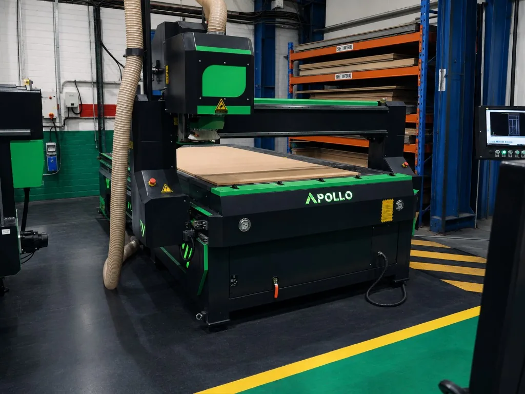 Apollo ATC CNC router on the shop floor with sheet material on the bed — black frame with green spindle housing