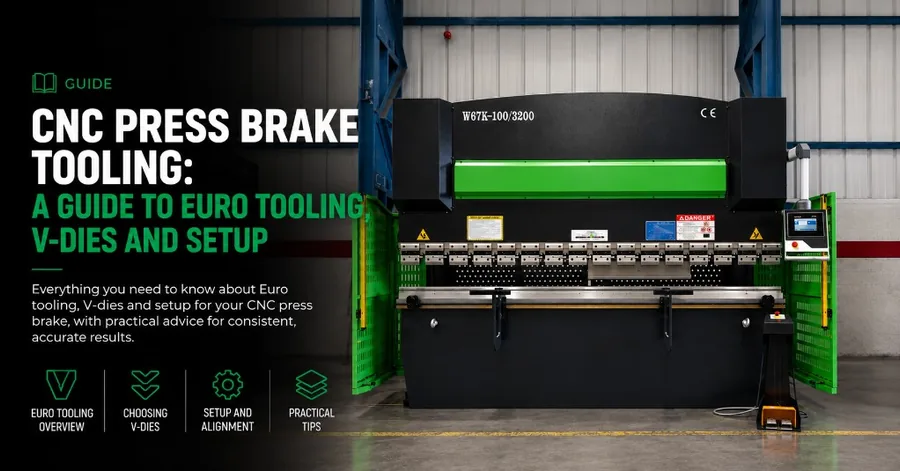 CNC press brake tooling guide card, showing a Rhino W67K-100/3200 with segmented upper tooling