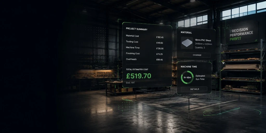 CNC project cost calculator — live material, machine time and total estimate overlay in a UK workshop