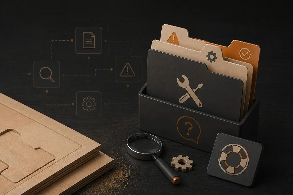 CNC router troubleshooting — diagnostic tools, labelled fault folders, magnifying glass, and plywood sheet on a dark workshop bench