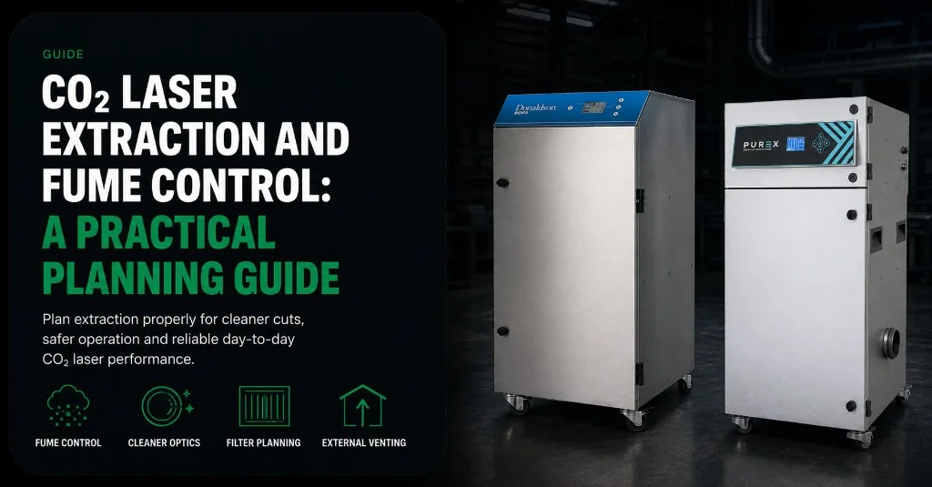 CO₂ laser extraction and fume control guide — fume control, cleaner optics, filter planning and external venting with Purex and BOFA units