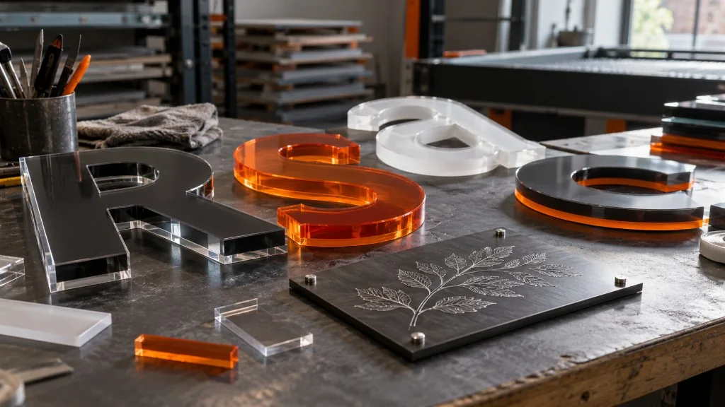 Layered acrylic sign letters and an engraved botanical plaque on a workshop bench