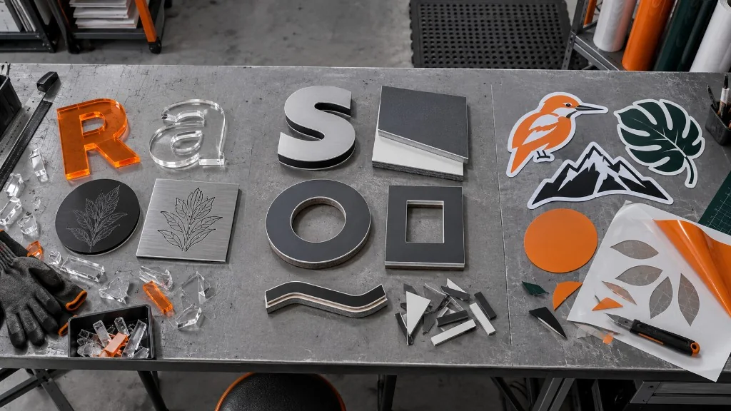 Acrylic letters, fabricated sign samples and contour-cut printed graphics arranged on a workshop bench