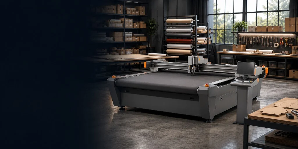 SC Range digital cutting table in a UK workshop — high-speed CNC knife and creasing system supplied by Mantech Machinery