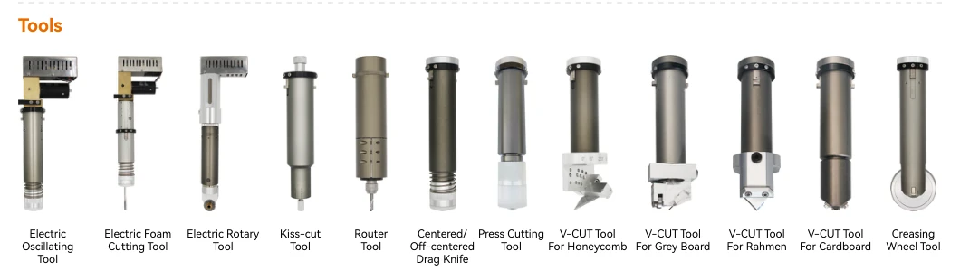 SC digital cutting table tool range including oscillating, foam, rotary, kiss-cut, router, drag knife, V-cut and creasing tools