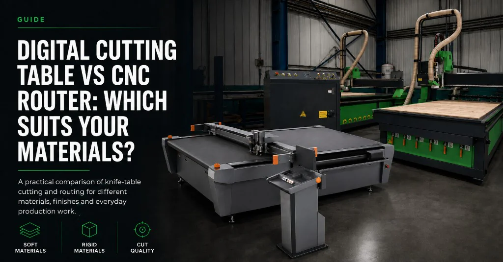 Digital cutting table vs CNC router guide — knife-table cutting compared with spindle routing for soft materials, rigid materials and cut quality