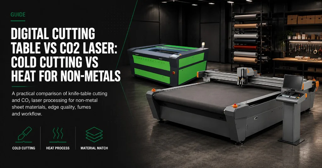 Digital cutting table vs CO₂ laser guide — cold knife cutting compared with heat processing for non-metal materials, edge quality and fumes