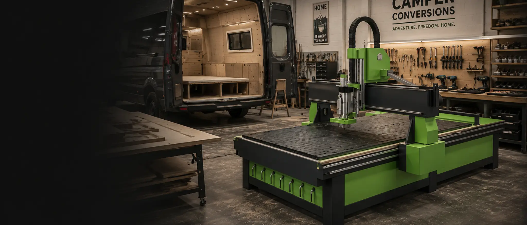 Falcon CNC router in a UK camper van conversion workshop — automatic tool change for production routing
