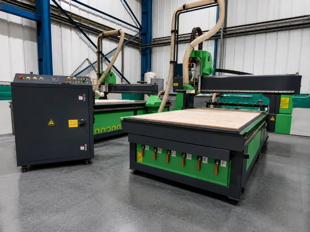 Falcon ATC CNC routers on the shop floor with sheet material on the bed — grey frame with green panels and 10-tool ATC platform