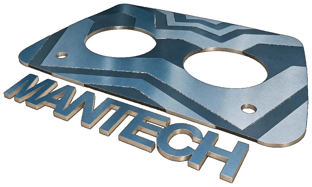 Fibre laser cut stainless chevron plate and mild steel MANTECH lettering