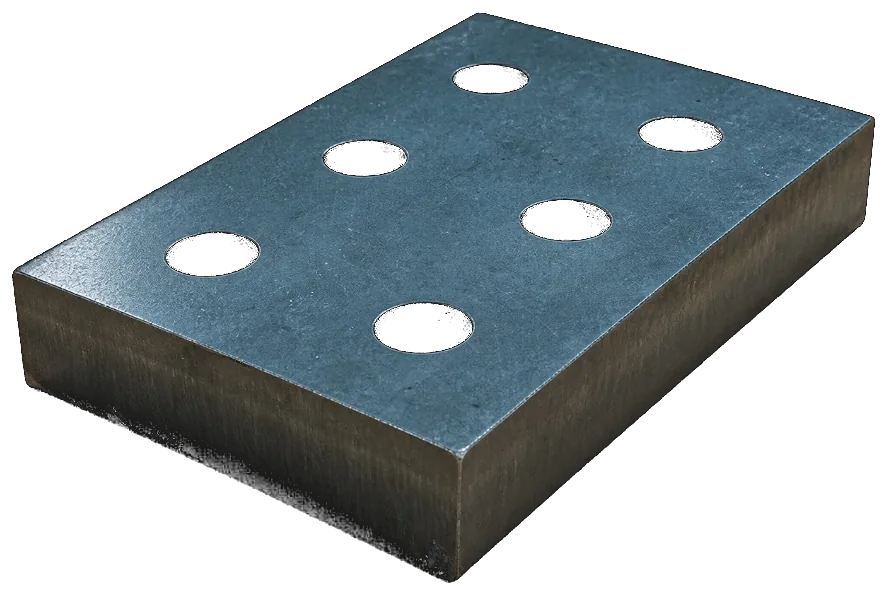 Fibre laser cut thick mild steel plate with six holes