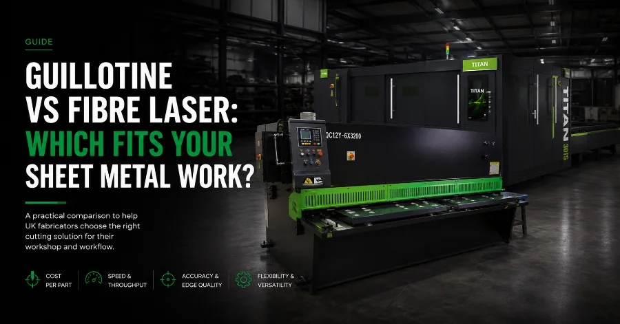 Rhino hydraulic and mechanical guillotine shears in a UK fabrication workshop — compared with fibre laser cutting