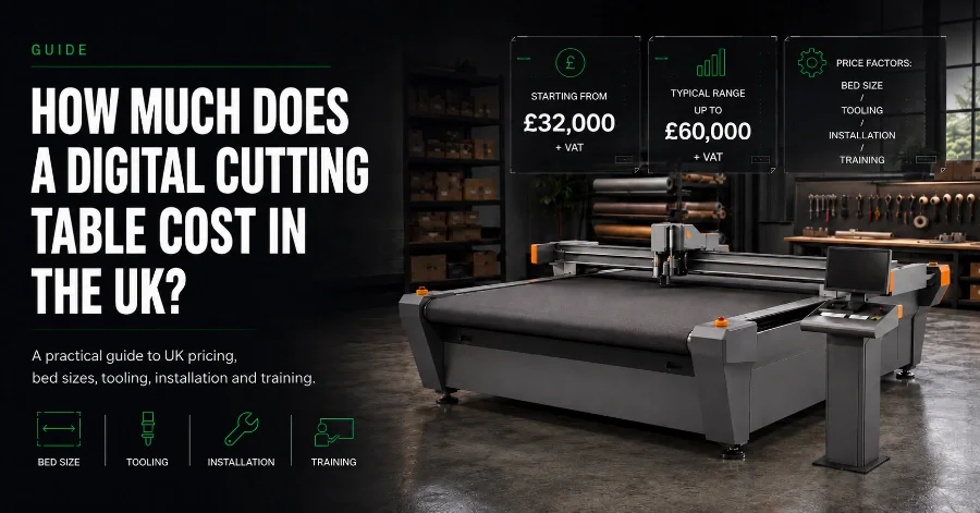 How much does a digital cutting table cost in the UK — guide card with typical Mantech price band from £32,000 +VAT up to around £60,000 +VAT