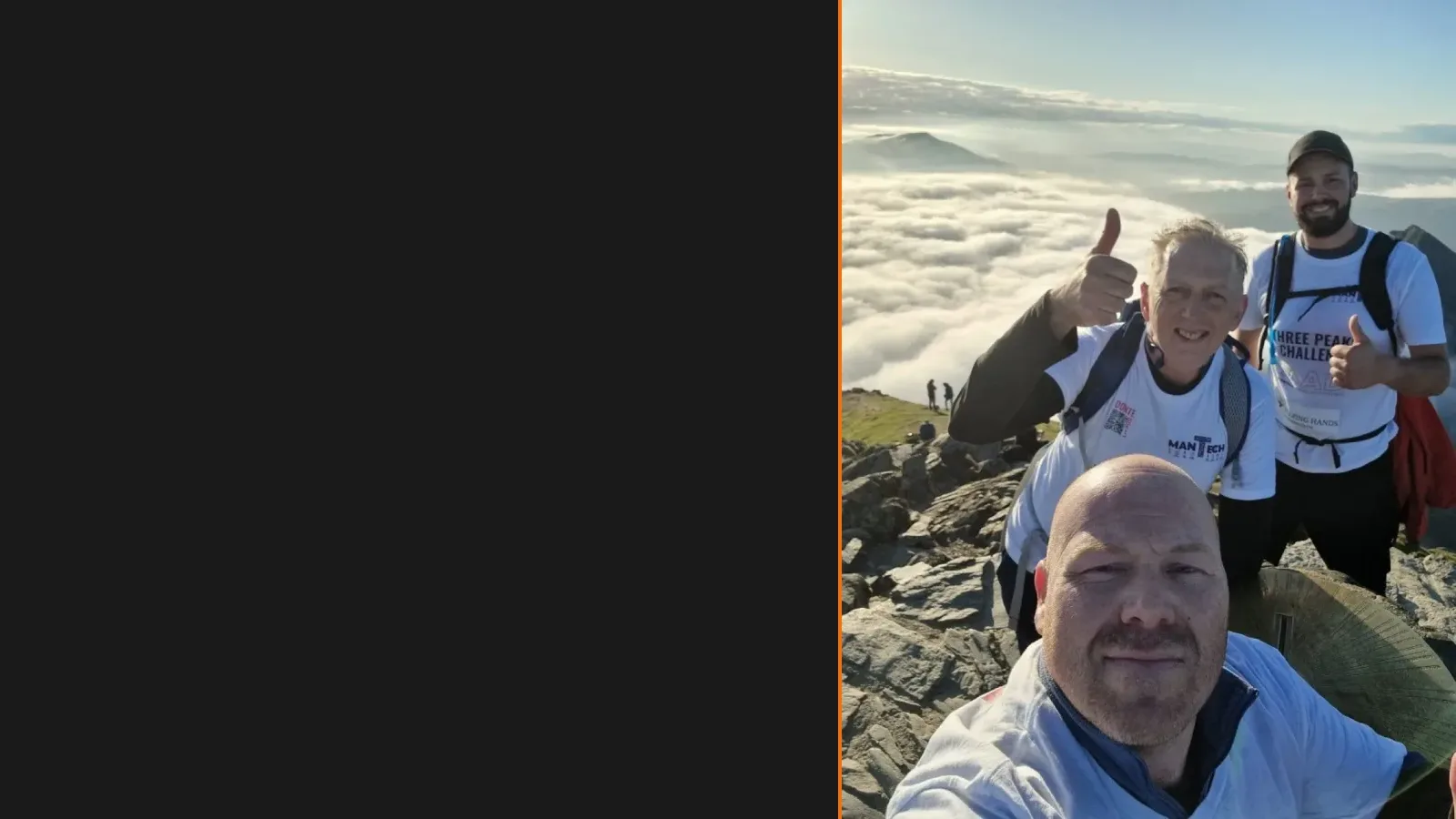 Kieran with Mantech teammates at a Three Peaks summit above a cloud inversion