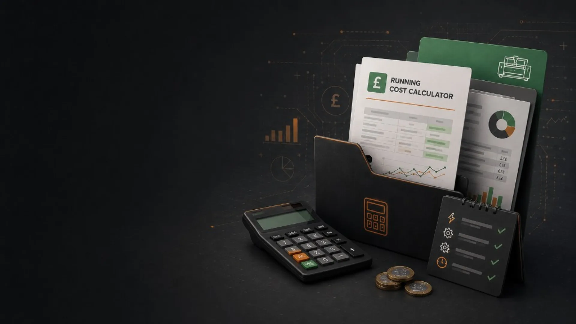 Running cost calculator graphic — £ cost reports, desktop calculator, and energy planning checklist for UK machinery