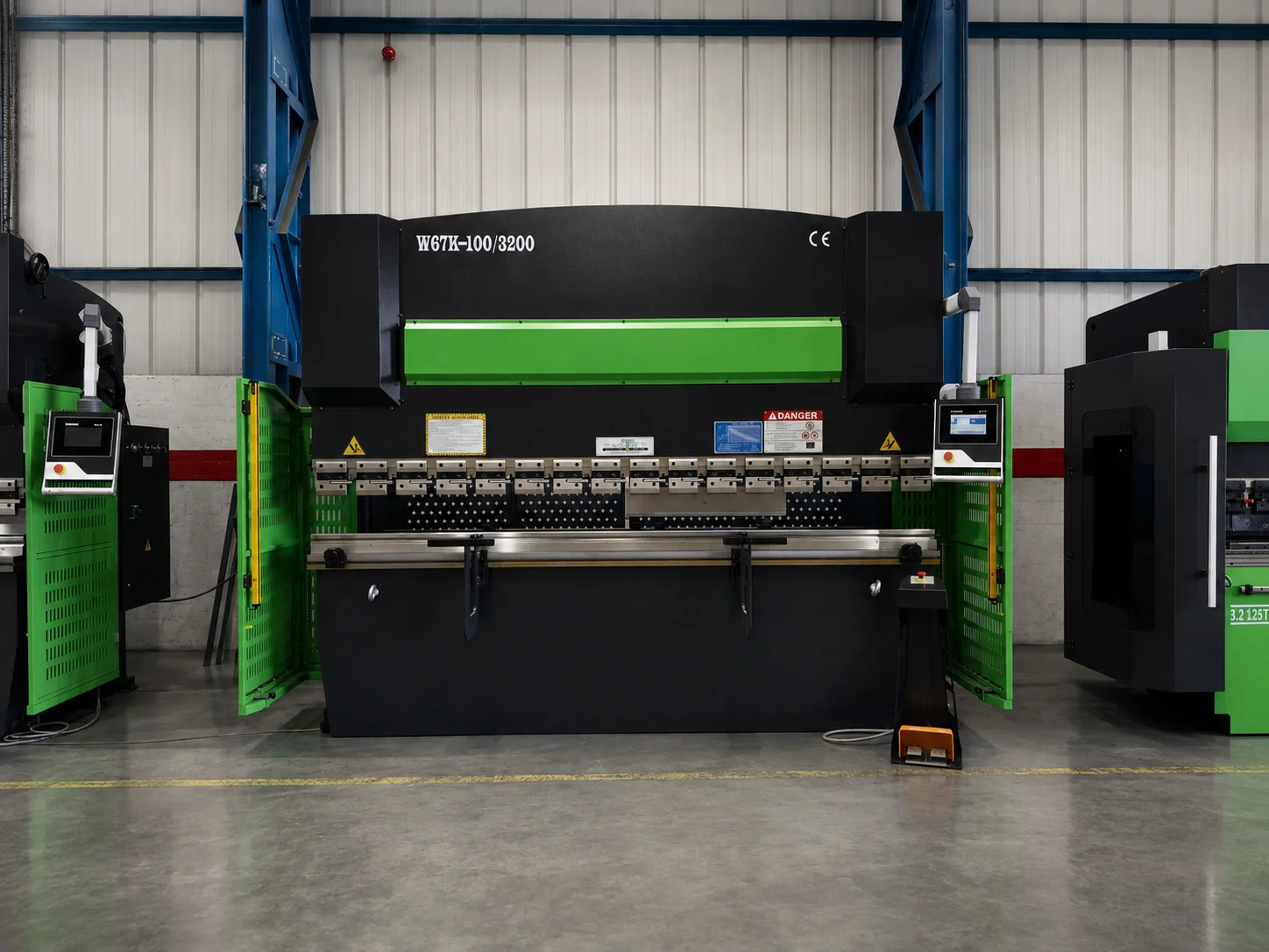 Full front view of a Mantech Rhino W67Y hydraulic press brake and guarded working area