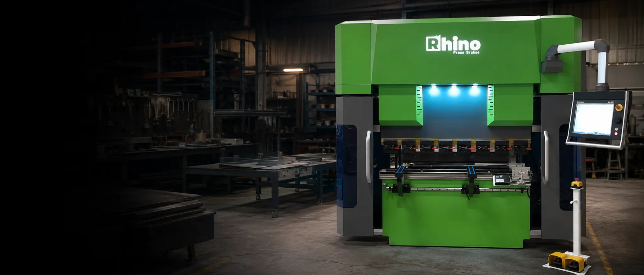 Rhino Premium CNC press brake in a UK fabrication workshop — high-accuracy hydraulic bending