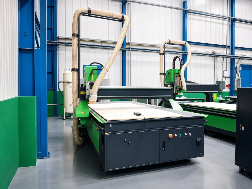 Spartan 1325 CNC router on the shop floor — charcoal frame with green spindle housing