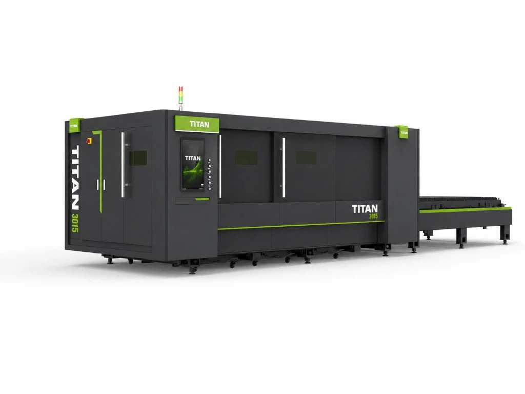 Titan F3015B side-door dual-shuttle flatbed fibre laser — front view for range discovery