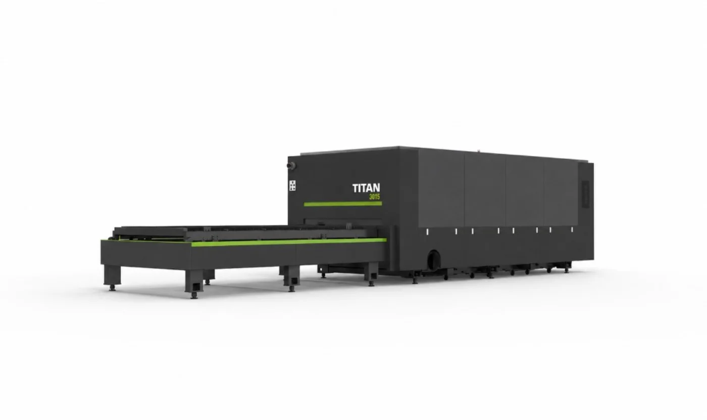 Titan F3015B flatbed fibre laser three-quarter view — side doors and dual shuttle exchange