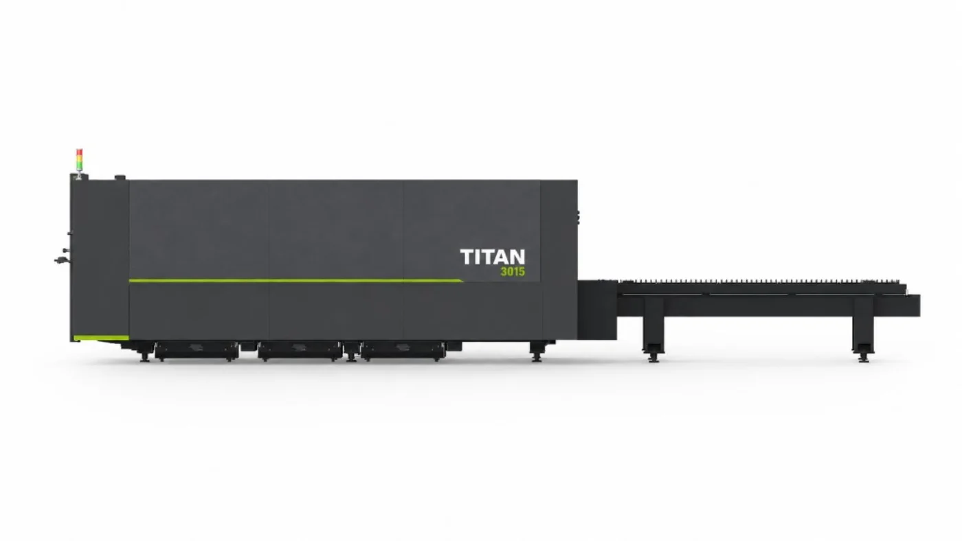 Titan F3015C flatbed fibre laser three-quarter view — dual shuttle exchange system