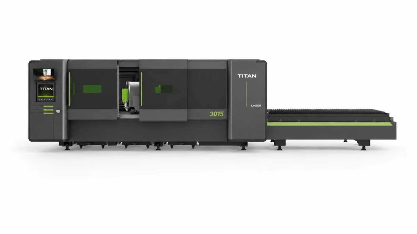 Titan FP3015 operator station with FSCUT CNC control, enclosed cutting zone and dual shuttle table