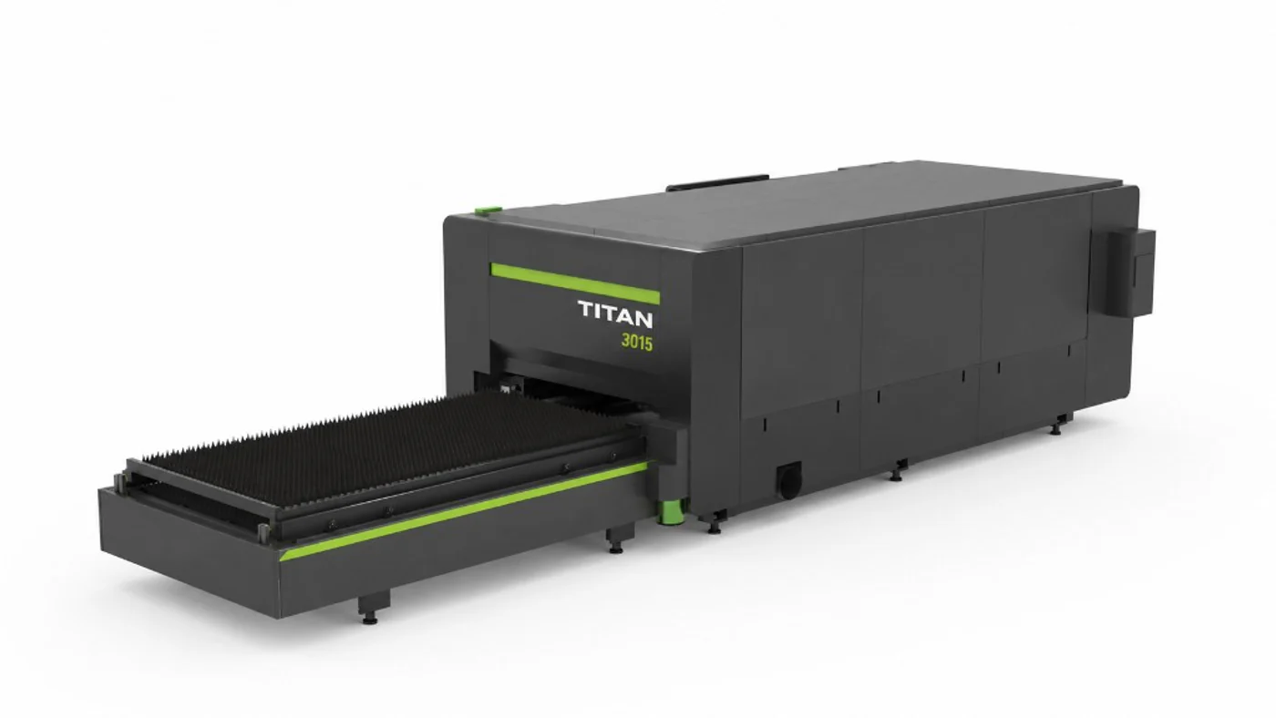 Titan FP3015 flatbed fibre laser three-quarter view — premium dual-shuttle exchange platform with Titan 3015 branding