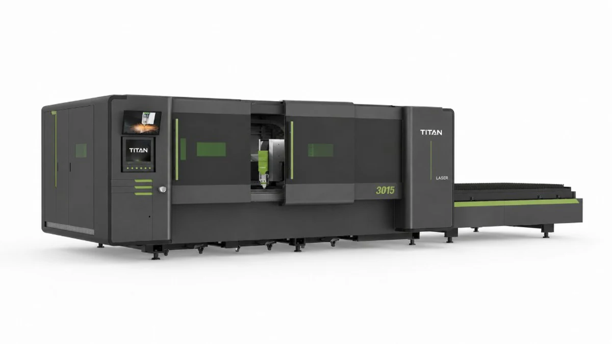 Titan FP3015 premium dual-shuttle flatbed fibre laser — enclosed platform with FSCUT control station and shuttle exchange table
