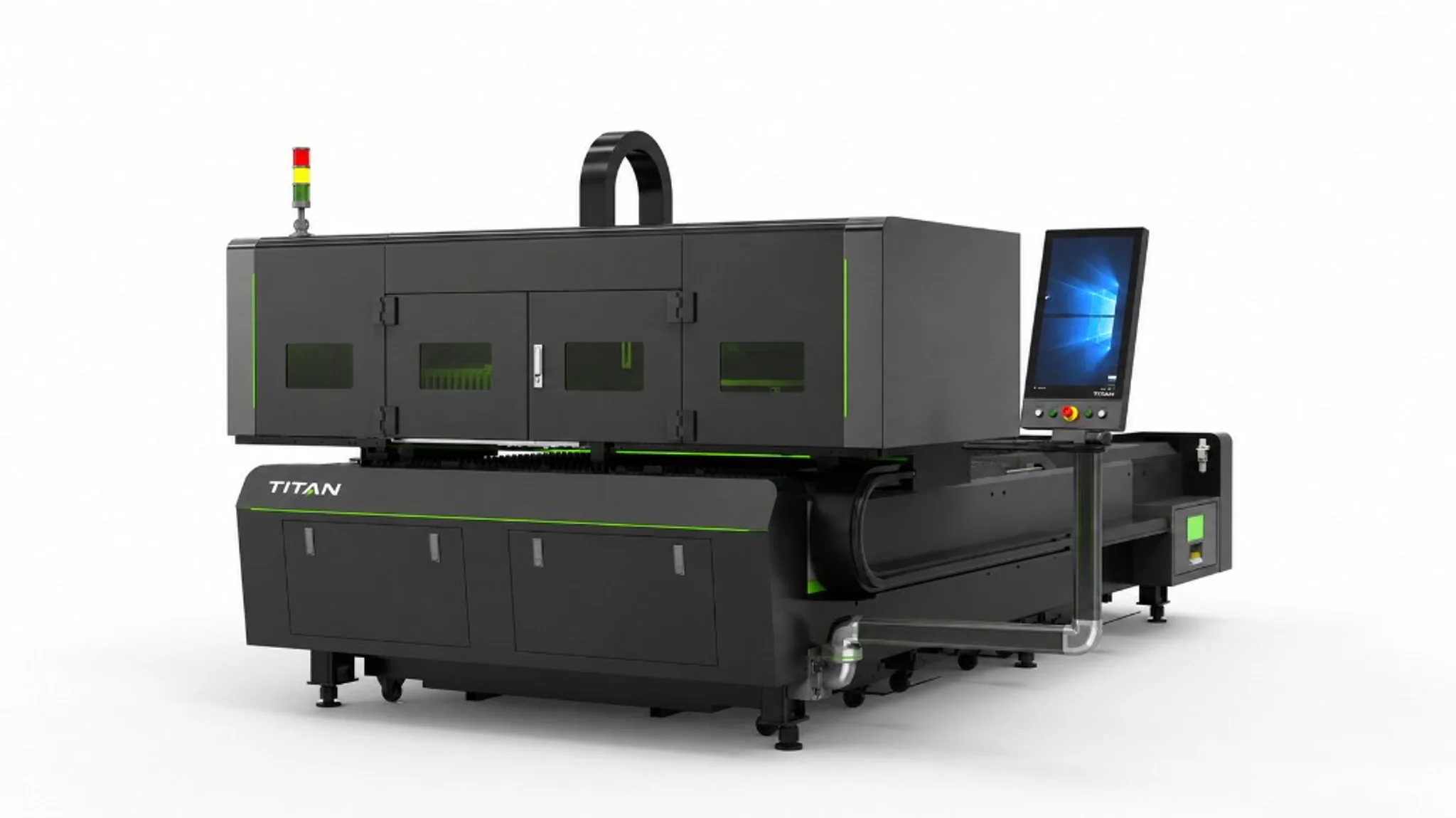 Titan N3015 flatbed fibre laser supplied and installed in a UK fabrication workshop — open-bed 3000 × 1500 mm platform with enclosed gantry