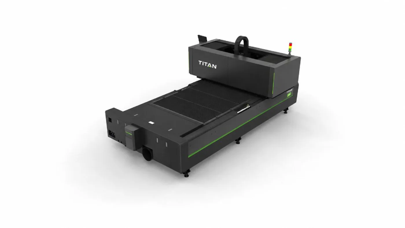Titan N3015 flatbed fibre laser three-quarter view — 3000 × 1500 mm single-table platform
