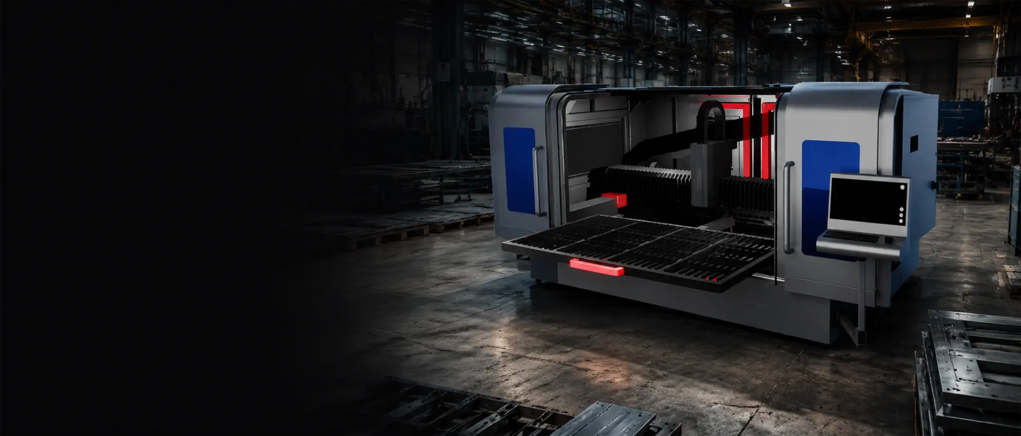 Vector FL250 and FL300 fibre laser cutters in a UK workshop — industrial flatbed systems with CypCut control