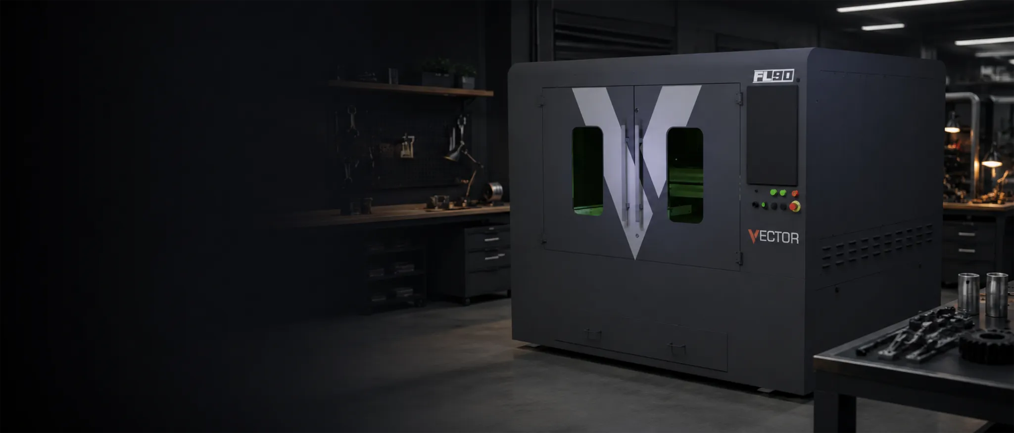 Vector FL90 fibre laser cutter in a UK workshop — 1300×900mm bed with V-CUT control