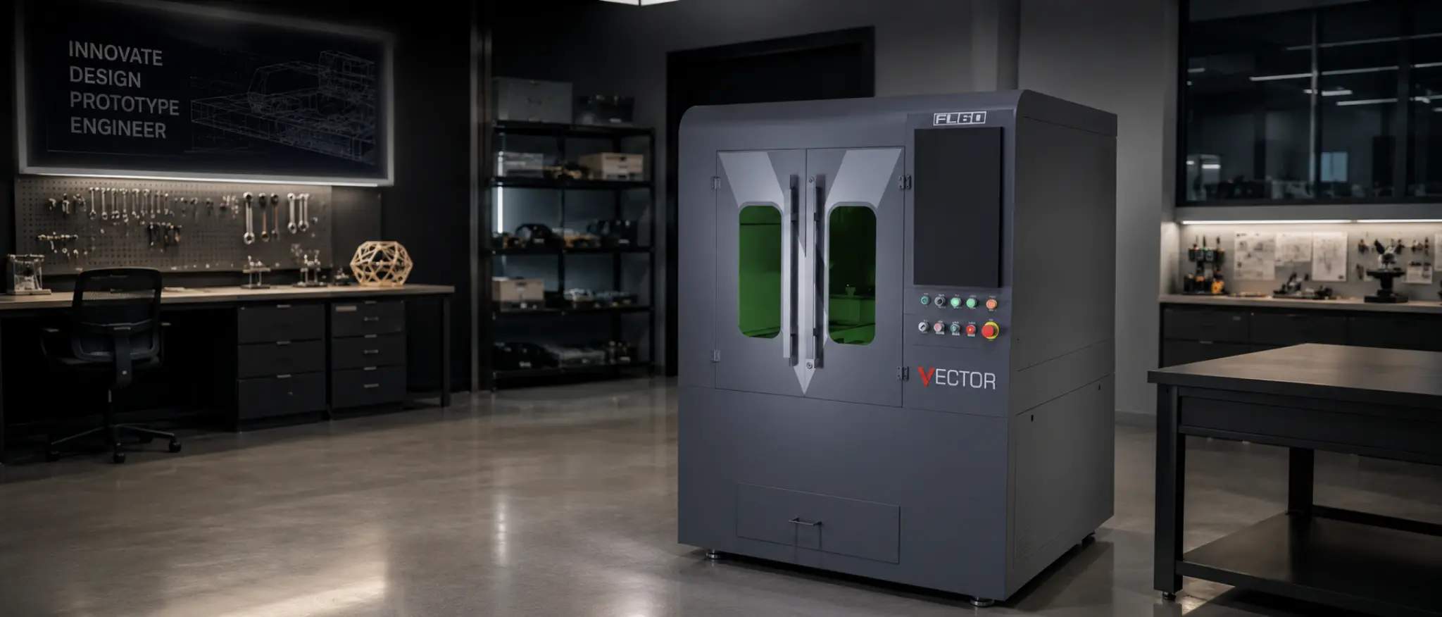 Vector FL60 fibre laser cutter in a UK workshop — 600×600mm bed with V-CUT control