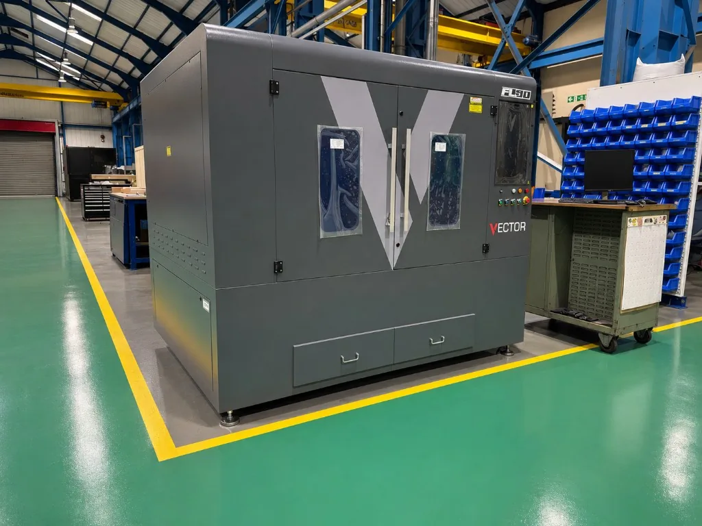 Vector FL90 fibre laser cutter installed in a UK workshop — enclosed FL90 platform with Vector branding