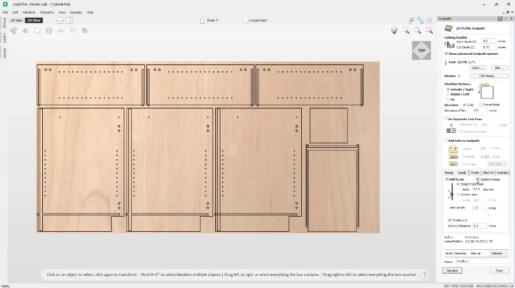 Vectric VCarve Pro nesting cabinet parts on a sheet, with a 2D profile toolpath open