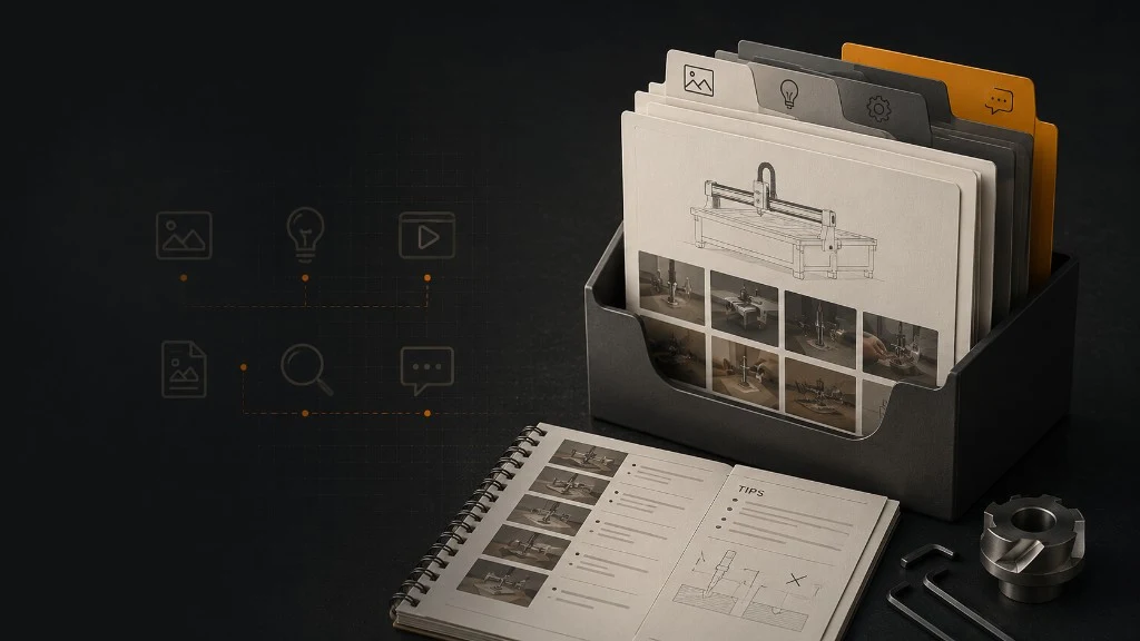 Visual guide series — organised CNC router and laser tip folders, technical notebook, and workshop tools on a dark desk